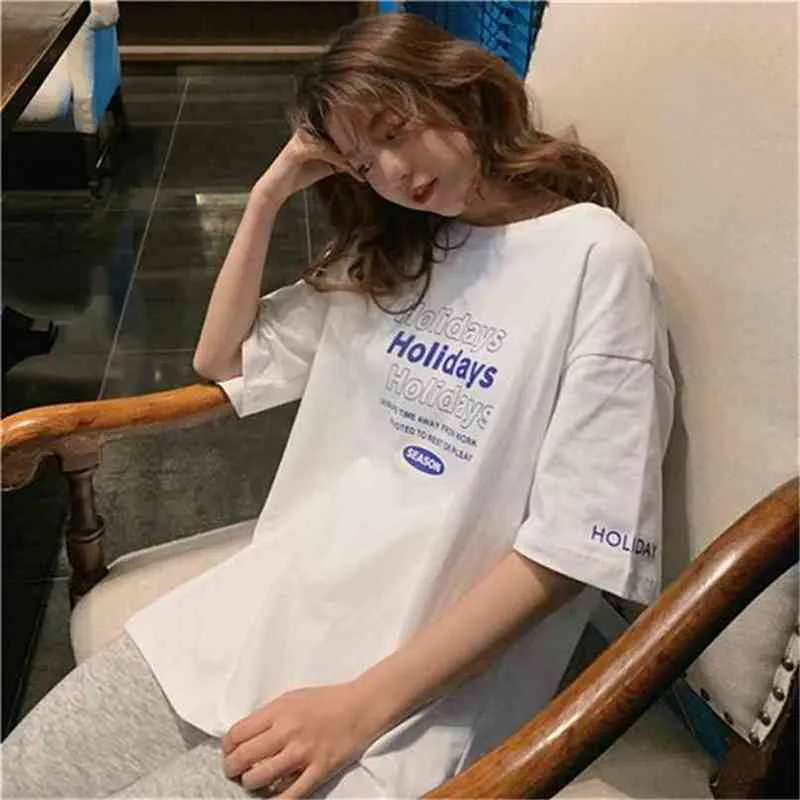 Lettre lâche décontracté style coréen basique tout match mode vente arrivée coton collège vent été femmes top t-shirts 210720