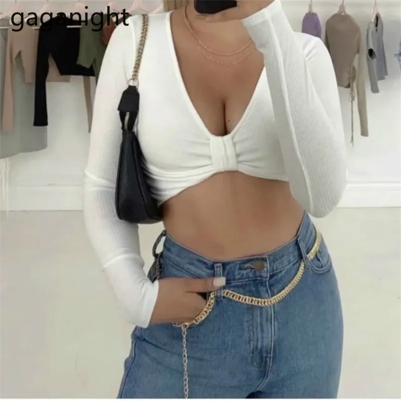 Long Sleeve Ribbed T Shirt Women Spring V Neck Slim Knitwear Fitness Gym Crop Tops Solid Sports T-shirts 210601