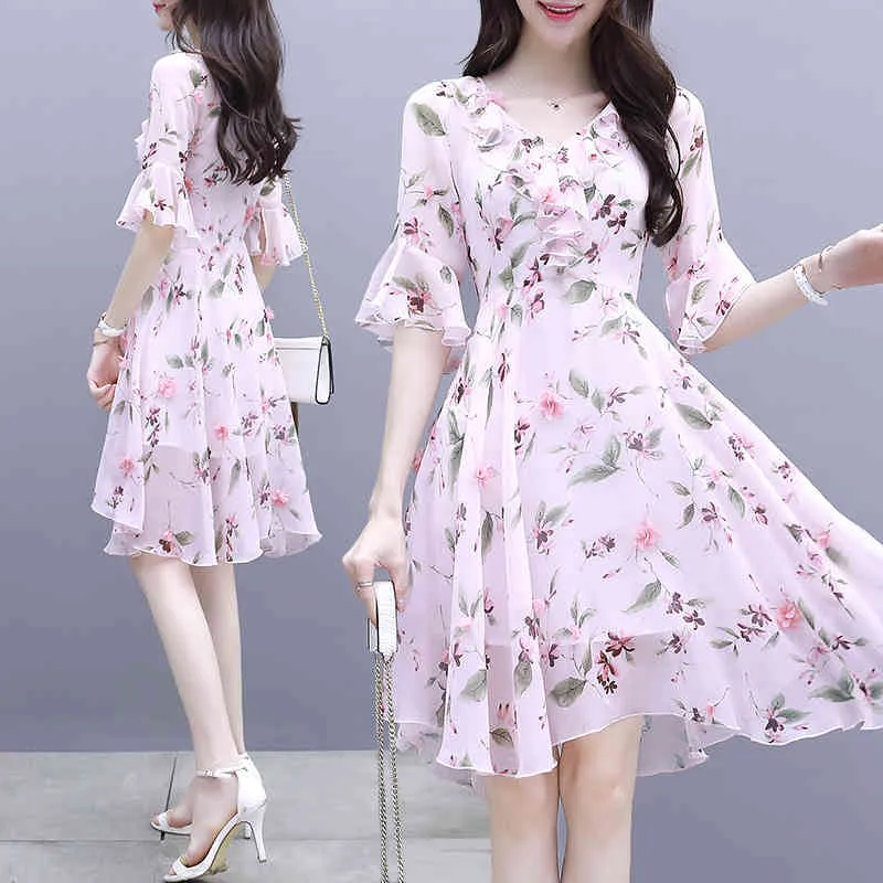 Floral Korean Women Ladies Chiffon Long Sleeve Summer Dress