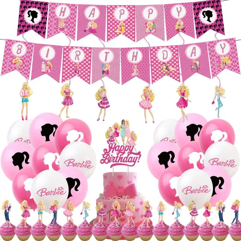 Party Decoration Pink Princess Girl's Happy Birthday Decorations Banner Ballong Cake Topper Baby Shower Leksaker för barn leveranser