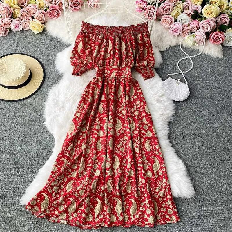 Kvinnor sommar långa klänningar a-line 9 färger parti chiffong elegant strand vintage print boho kläder röd vestidos de mujer 210625