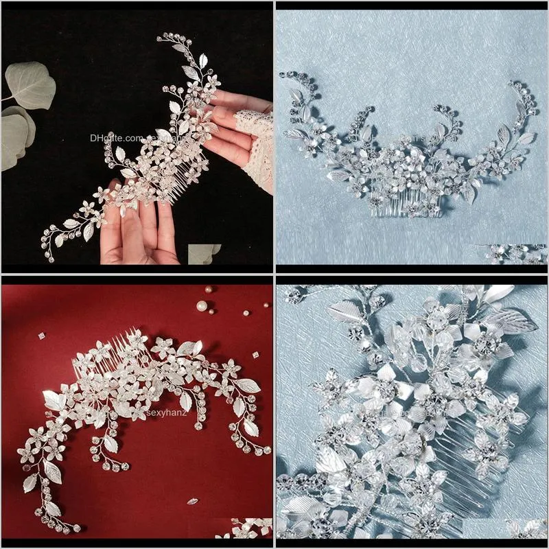 Barrettes Drop Leverans 2021 Forseven Sier Color Shining Crystal Flower Leaf Combs Hairpins Clips Bride Noiva Wedding Hair Decor Smycken