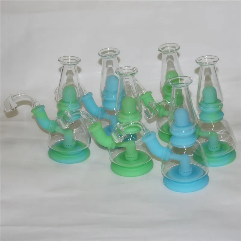 Im Dunkeln leuchtende, rauchende Silikonpfeifen-Wasserbong mit 4 mm dickem Quarzknaller, unzerbrechliche Bohrinsel-Bongs aus FDA-Silikon-Dab-Rigs