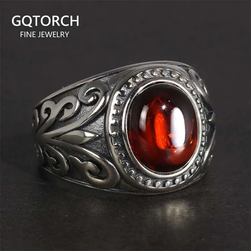 Real 925 Sterling Silver Jewelry Vintage Rings For Men Engraved Flowers With Red Garnet Natural Stone Fine Jewellery 211217