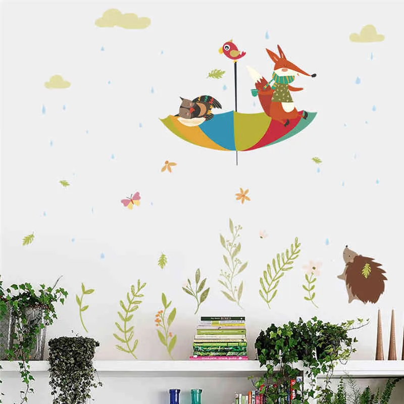 Mignon hibou renard oiseau parapluie sous la pluie stickers muraux pour chambres d'enfants décor à la maison animaux de dessin animé autocollants PVC mural art bricolage affiche 210420