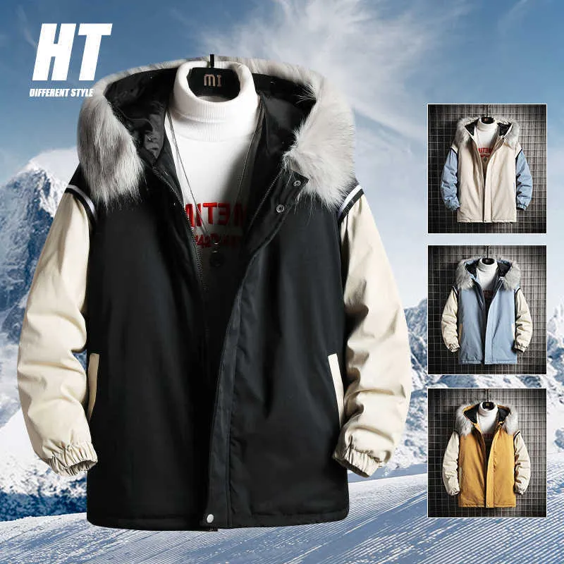 남자 파카 재킷 따뜻한 두꺼운 겨울 windproof 모피 후드 파카 패치 워크 캐주얼 지퍼 오버 코트 야구 코트 male3xl 210603