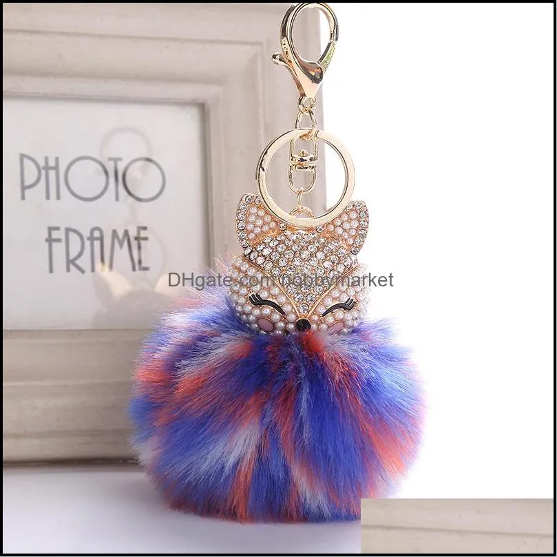 Cute Animal PomPom Key Rings jewelry for Women Fur Ball Rhinestone Keychain Bag Car Keyring Fluffy Keyfobs Holder Party Gift Kimter-B763S