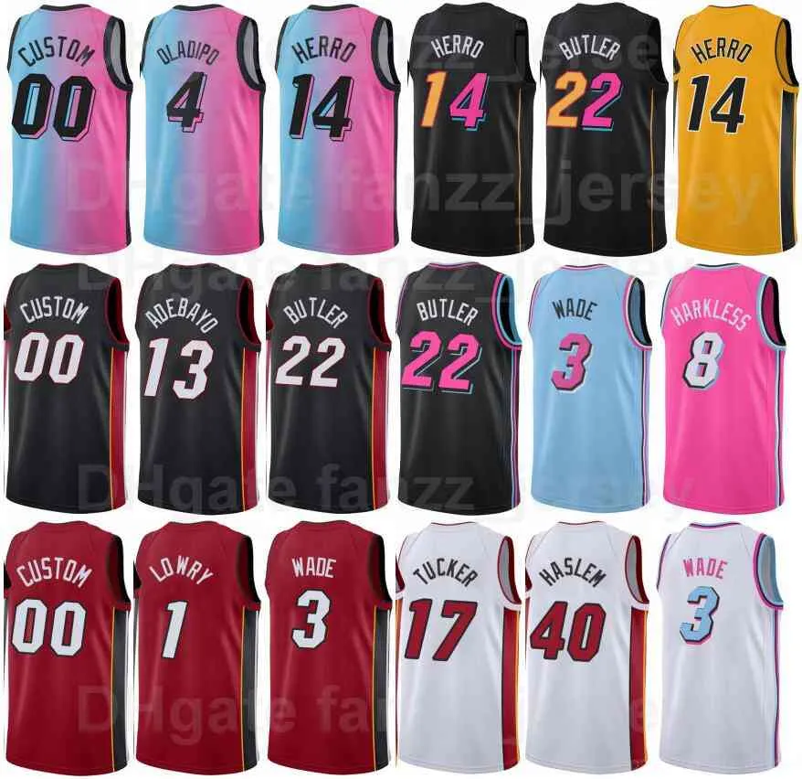 Maglie da basket serigrafate Jimmy Butler 22 Dwyane Wade 3 Tyler Herro 14 Bam Adebayo 13 Kyle Lowry 1 Victor Oladipo 4 Nero Rosso Bianco Rosa Giallo Uomo Donna Bambino