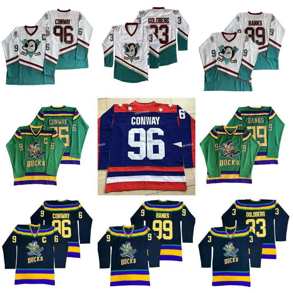 Mens Mighty Ducks Movie Hockey Jersey 99 Adam Banken 96 Charlie Conway 44 Reed Dean33 Greg Goldberg 66 Gordon Bombay Portman Groen Wit Bla