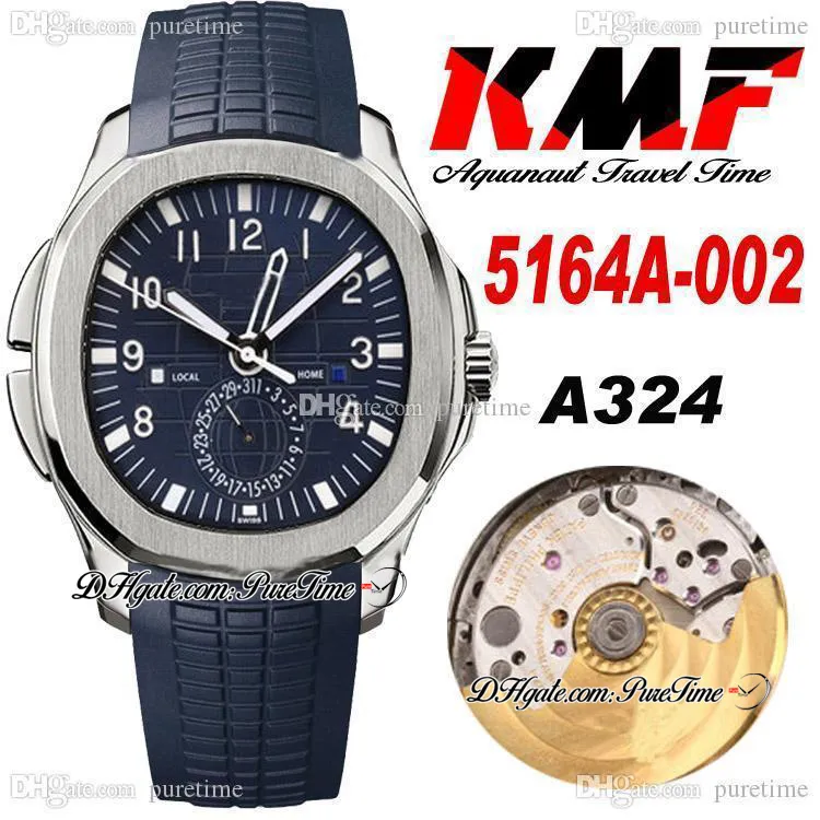 KMF Czas podróży 5164A GMT PP324CS A3234 Automatyczne męskie Zegarek Stalowy Case Blue Textured Dial Stick Number Markery Gumowy pasek Zegarki Super Edition Puretime B2