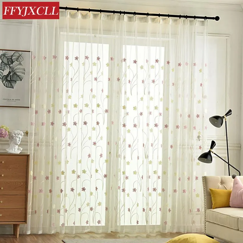 Chinese Embroidered Curtain Linen Blue Pink Flower Tulle Kitchen Girl Room Decoration & Drapes