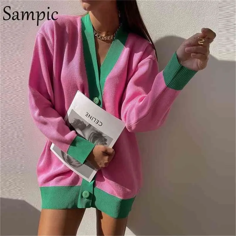 Sampic Solta Patchwork Knitwear Mulheres Mulheres Cardigans Tops Heartsizado Manga Longa Y2K V Pescoço Camisola Casual Moda 210914