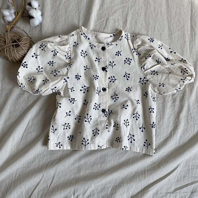 Camicia a maniche corte in cotone e lino moda per neonata per bambina Estate New Kid Girl Top morbidi stampati con motivo a ciliegia 210413