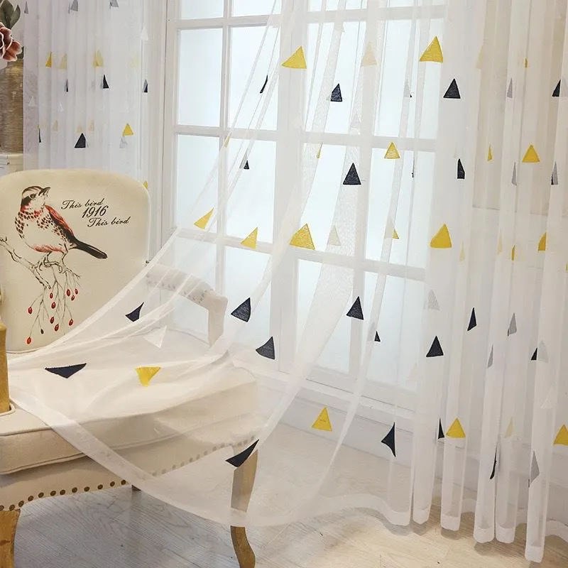 Nordic Triângulo Tule Cortinas Para Quarto Infantil Crianças Janela Drapes Sheer Modern Geometric Bordado Sala de estar Cortina