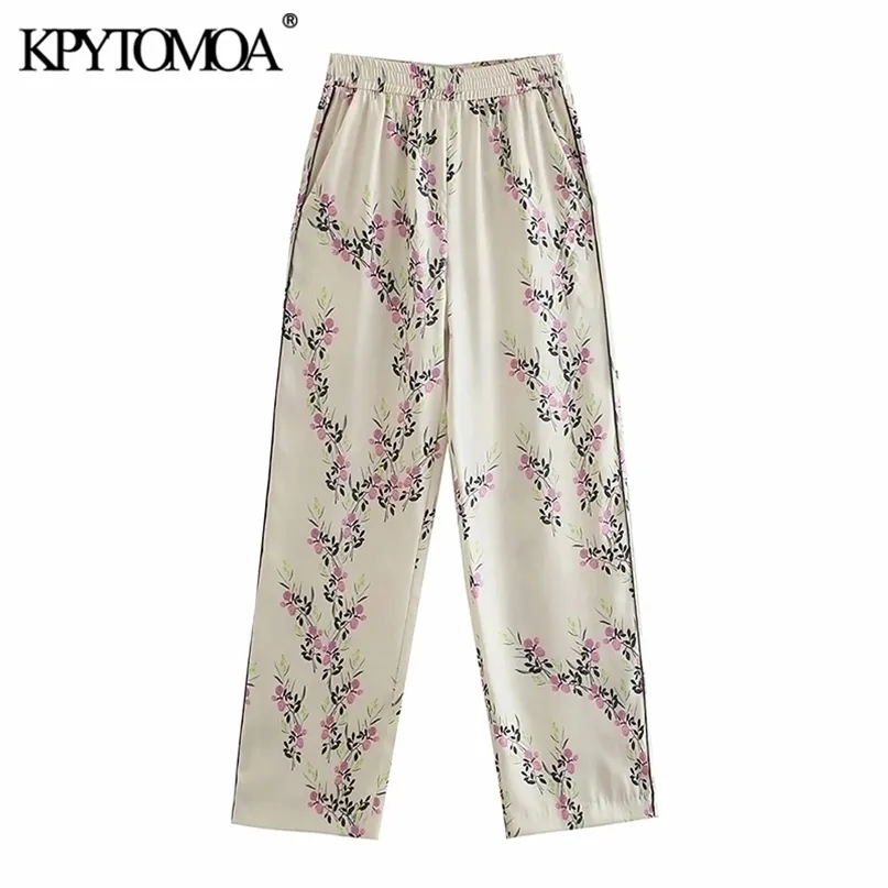 KPYTOMOA Women Chic Fashion With Piping Floral Print Pants Vintage High Elastic Waist Side Pockets Female Trousers Mujer 211115