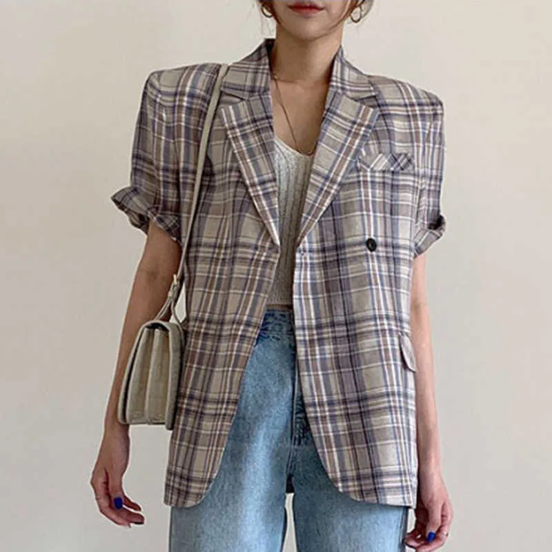[EWQ] 2021 sommar mode temperament elegant retro plaid lapel en knapp lös avslappnad kortärmad kostym jacka kvinnor 16F1080 x0721