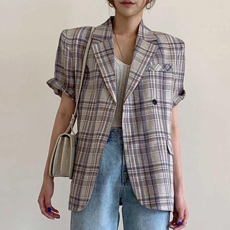 [EWQ] 2021 Moda Moda Temperament Elegancki Retro Plaid Lapel One Button Loose Casual Koszulka z krótkim rękawem Kurtka Damskie 16F1080 x0721