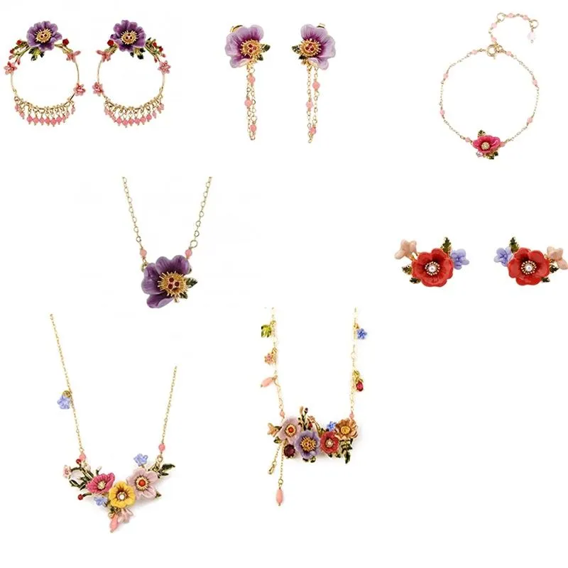 Boucles d'oreilles Collier Hiver Jardin Série Mode Émail Glaçure Multicolore Pivoine Fleurs Bracelet Anneau Bijoux Pour Femme Tendance