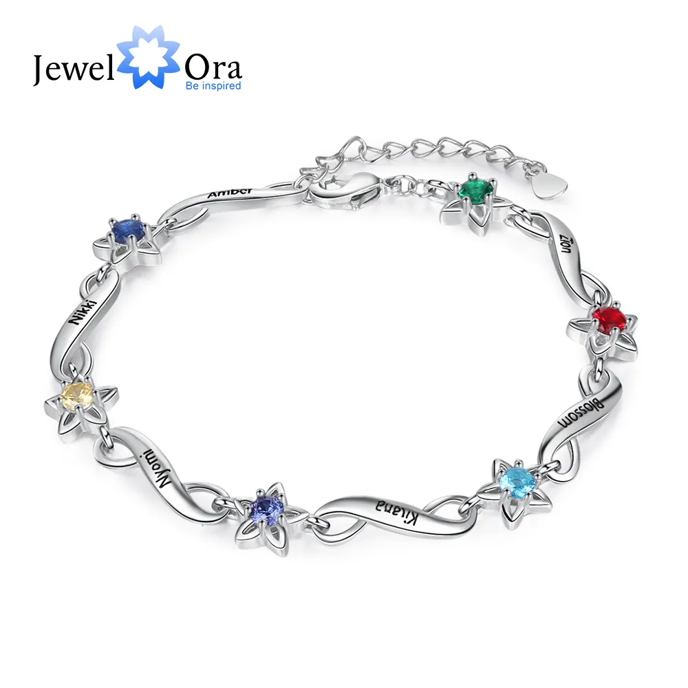 JewelOra Personalized Name Engraving Infinity Bracelet Customized 2-7 Inlaid Birthstone Flower for Women Mothers Gifts
