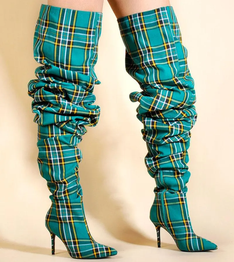 Women Winter Boots Plaid Autumn Cloth فوق الركبة طويلة مثيرة عالية الكعب عالي الإناث أحذية الفخذ بوتاس Mujer 729