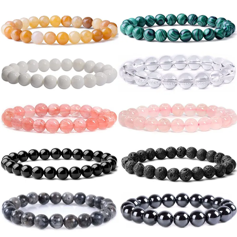 8mm Brin Unisexe Pierre Naturelle Perles Rondes Bracelet Mode Classique Élastique Malachite Turquoise Cristal Bracelet Bracelets À La Main Chakra Bijoux