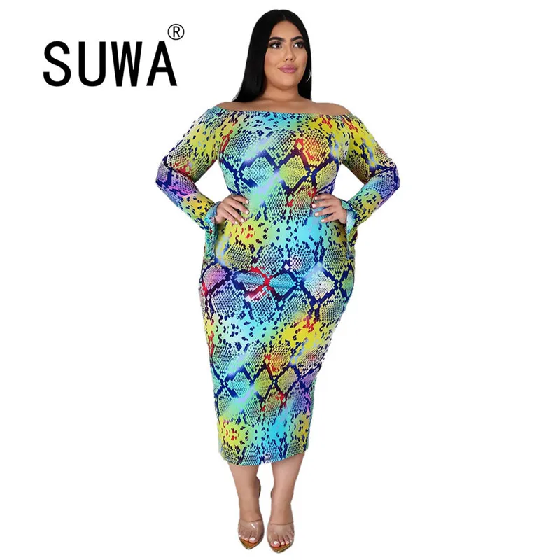 Outono Est Snake Pele Impresso Slash Collar Manga Longa Bodycon Midi Vestidos para Mulher Party Night Club Plus Size L-5XL 210525