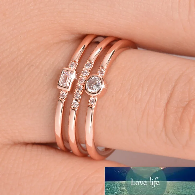 Huitan Fashion Triple Band Kobiety Ring Classic Golden Rosegold Color z okrągłym CZ Ustawianie panny młodej pierścień akcesoria geometryczny kształt