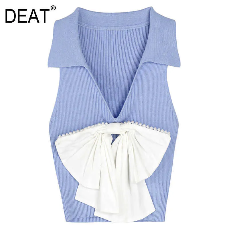 [DEAT] Mode d'été Col en V Sans manches Épissage Bow Perles Tricot Tempérament Femmes Merci Tops 13Q299 210527