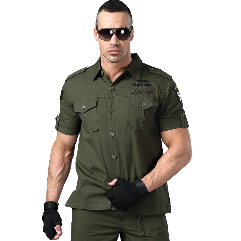 Мужская рубашка хаки с коротким рукавом военная рубашка мужская блузка пилот камуфляж двойной карманный свободная армия зеленая модель мужская рубашка 210518