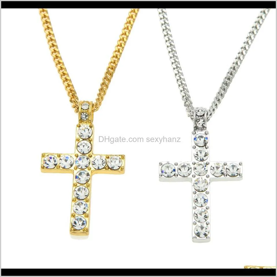 hip hop cross pendant men women jewelry iced out gold silver plated bling rhinestone crystal cross pendant necklace chain