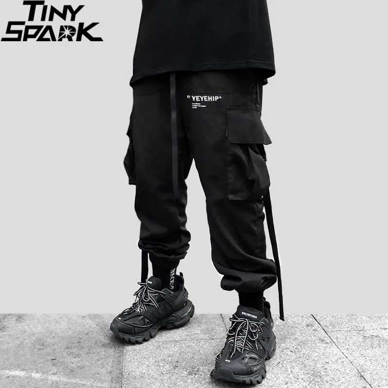 Hommes Streetwear Hip Hop Noir Pantalon Cargo Poches Harajuku Harem Pantalon Swag Ruban Joggers Pantalon HipHop Pantalon De Jogging Pantalon 210406