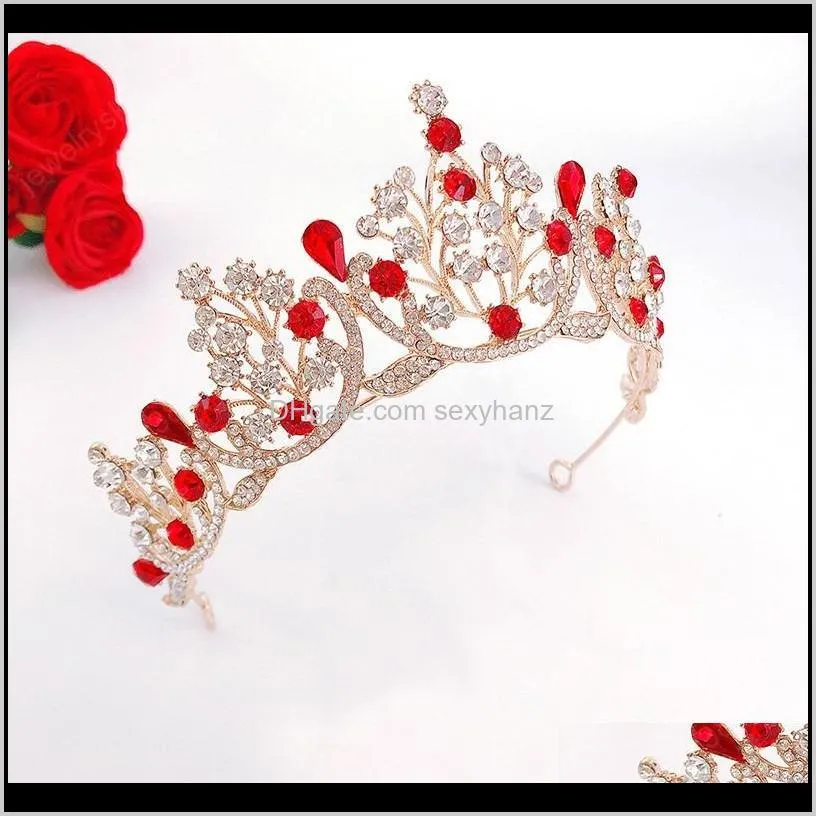 luxury red color handmade rhinestone big crown girls women tiara party headband bride headdress hair accessories