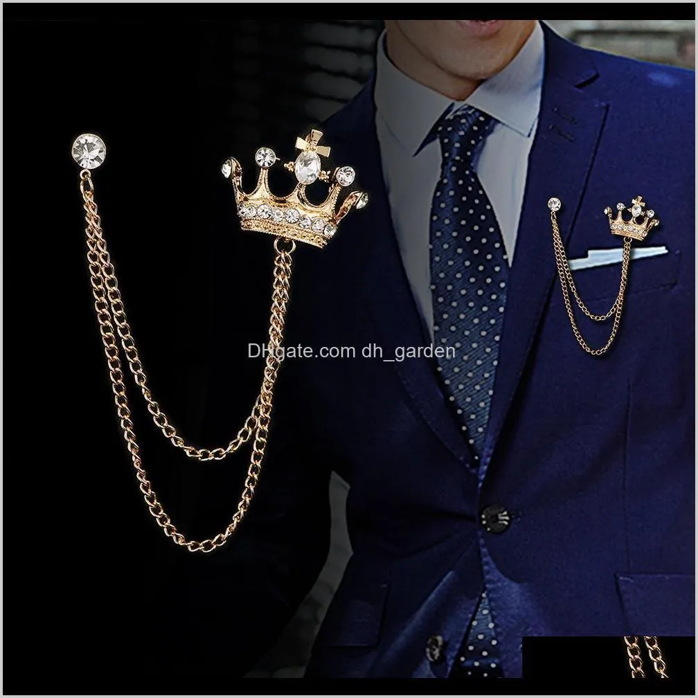 high-end men`s diamond brooch crown suit lapel pin badge vintage boutonniere czech crystal brooch pins for man wedding jewelry party