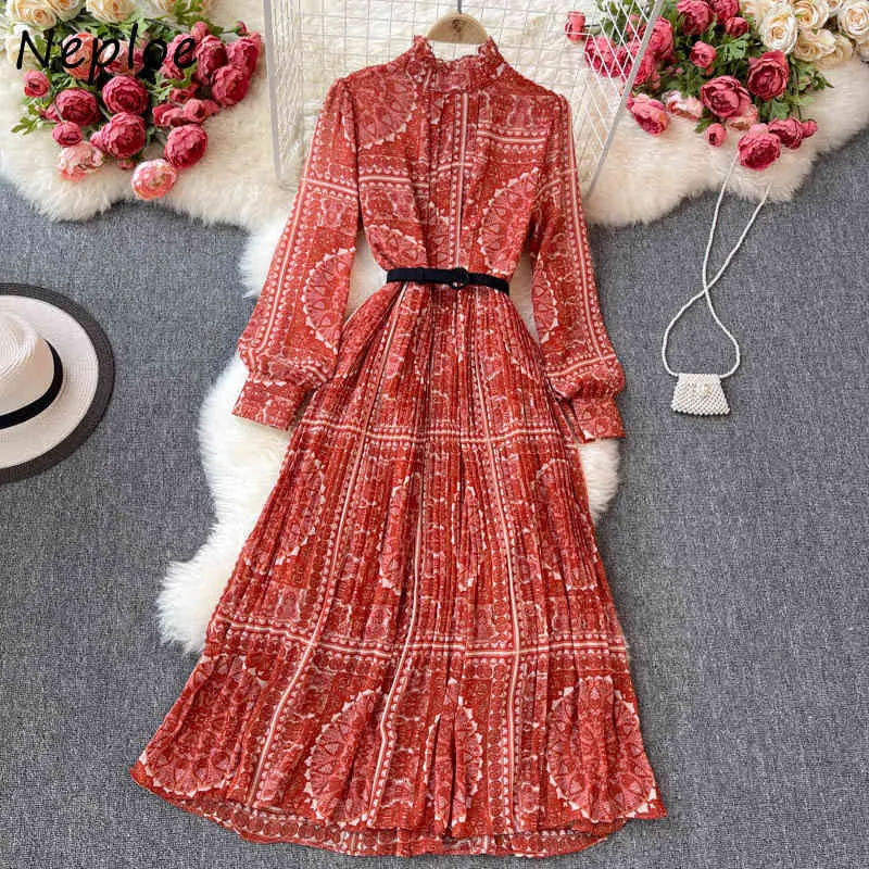 Neploe Vintage Baskı Bohem tatil elbisesi Kadın Yüksek Bel Kalça Sashes A Line Uzun Vestidos Bahar Robe Uzun Kollu 210510