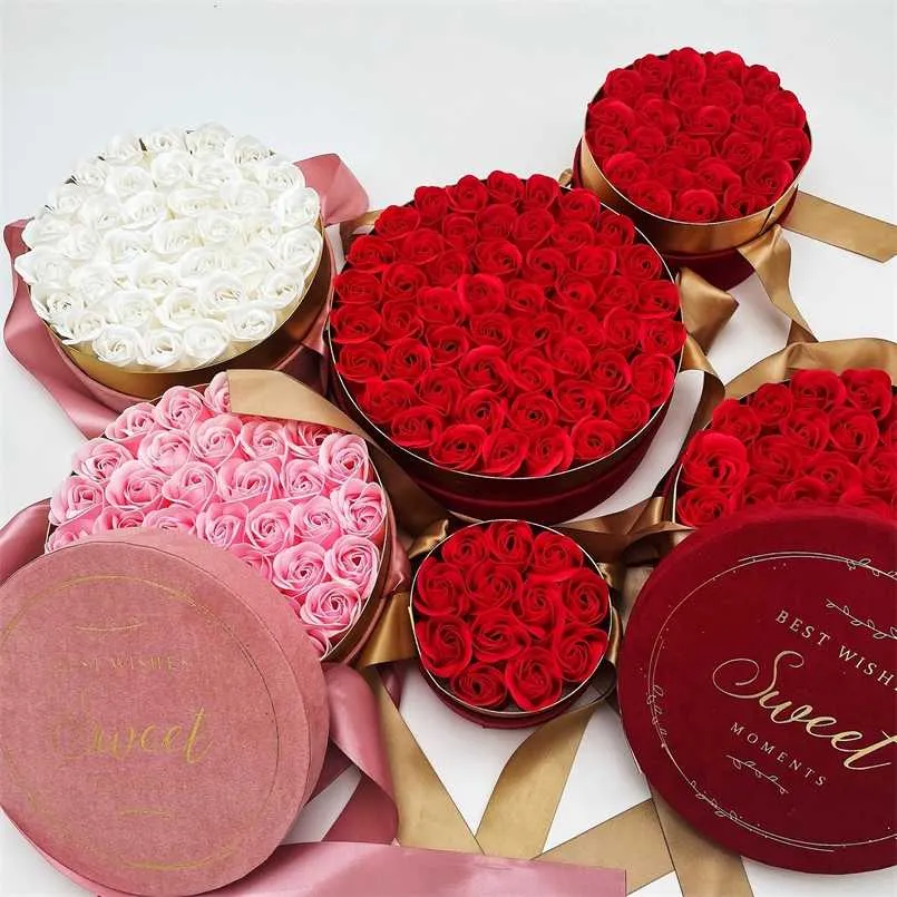 Round velvet soap flower gift box ribbon handheld flower box with never fading roses wedding favors Valentine's Day Mother's Day 211108