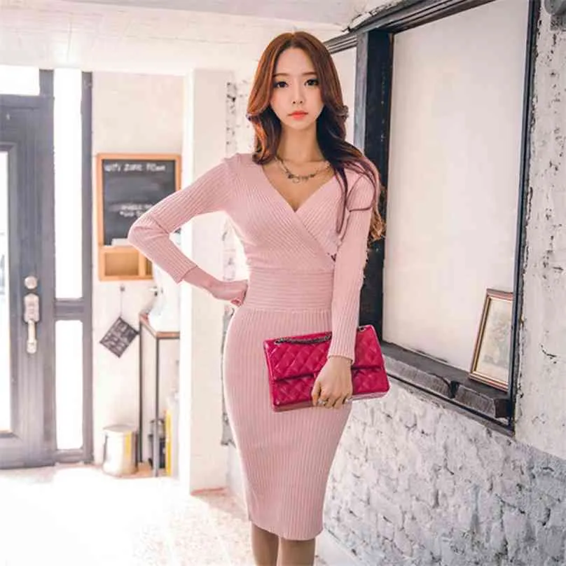 Sexy knitting korean ladies long Sleeve V neck warm Club elegant party Dresses for women clothing 210602