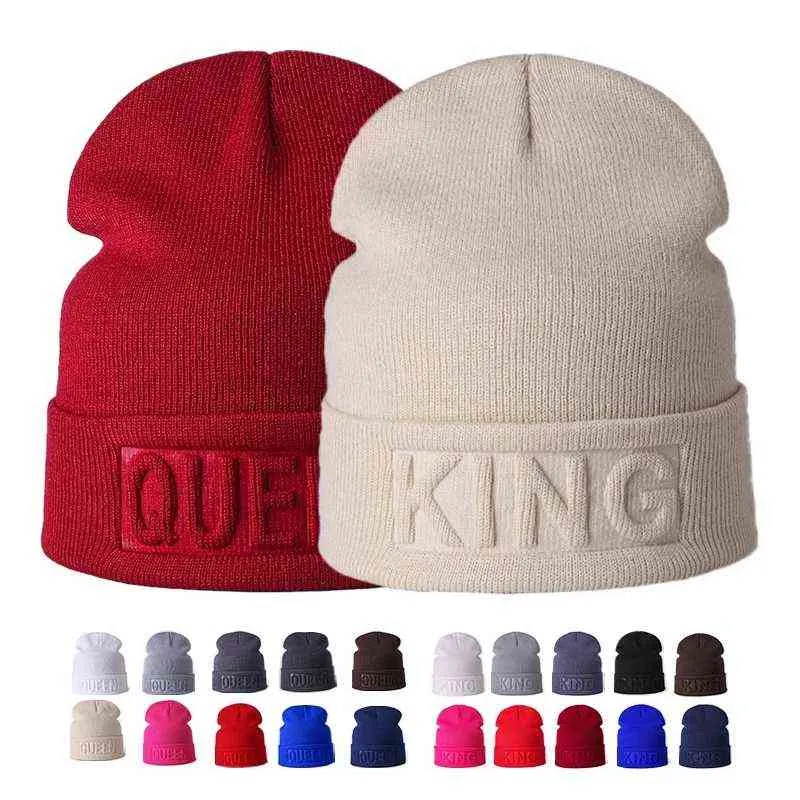 Nouveau Chapeau D'hiver Roi Reine Bonnets De Mode Hip Hop Couples Cap Casual Solide Chapeau Hommes Femme Chaud Bonnet Tricoté Ski Skullies Bonnet Y21111