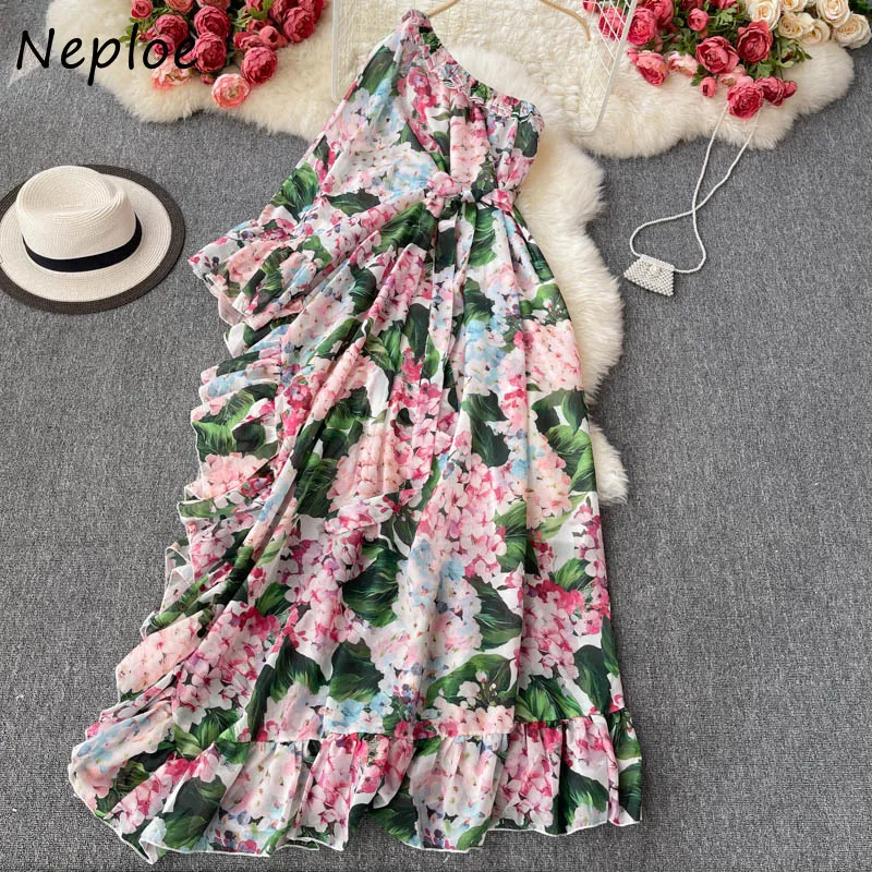 Neploe Holiday Bohemian Print Dress Women High Waist Hip Sashes Asymmetrical Vestidos Summer Long Sleeve Robe Mujer 210510