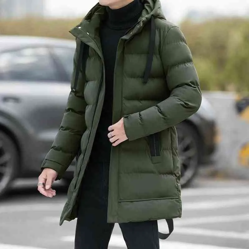 長いパフジャケットのメンズ秋のパーカージャケットフード韓国のファッションスリムフィットロングジャケットメンコットンパッドウォームコートトレンド220121