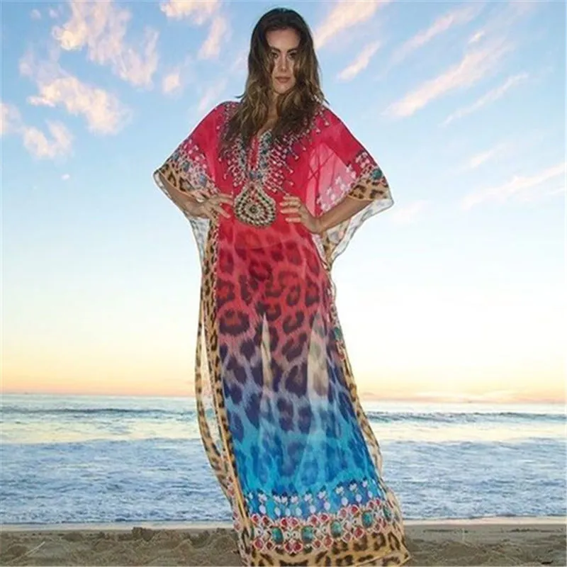 Bikini cover-ups röd bohemisk leopard tryckt sommar strand klänning chiffong tunika kvinnor bär baddräkt täcker upp Q993 210420