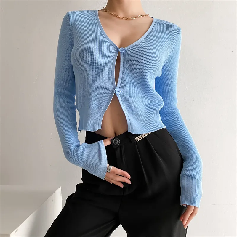 Eleganta kvinnor solid stickad singelbröst cardigan retro enkel kvinnlig blus mjuk långärmad chic stareetwear 210521