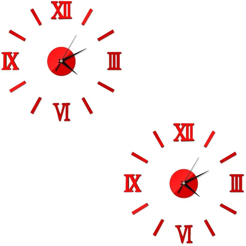 壁時計2本の3 d DIYの時計現代のフレームレスの大きな鏡の表面効果家のリビングルームの寝室の装飾（赤）