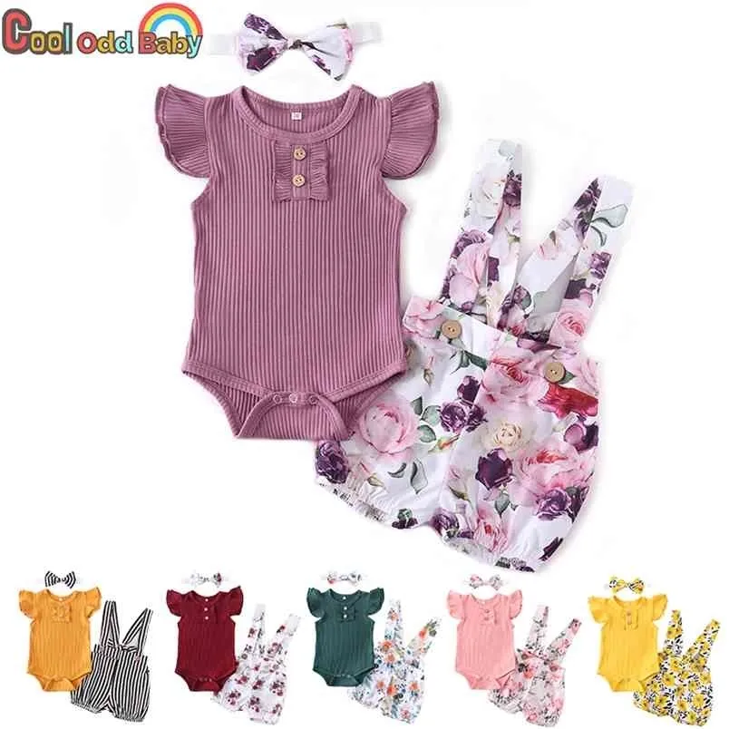 Geboren babymeisje kleding set zomer baby outfits effen kleur romper bloem shorts hoofdband mode 3 stks voor peuter kleding 210816