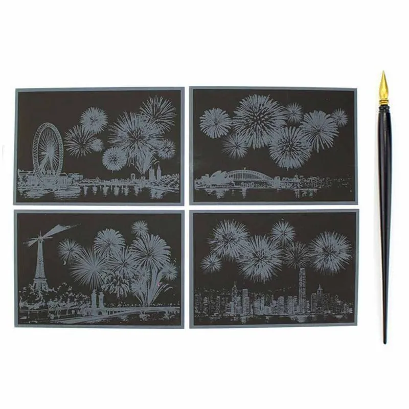 Cartes de vœux 4pcs vie quotidienne bureau école colorée collection de rayures feux d'artifice mémoire bricolage dessin cadeau ensemble de cartes postales