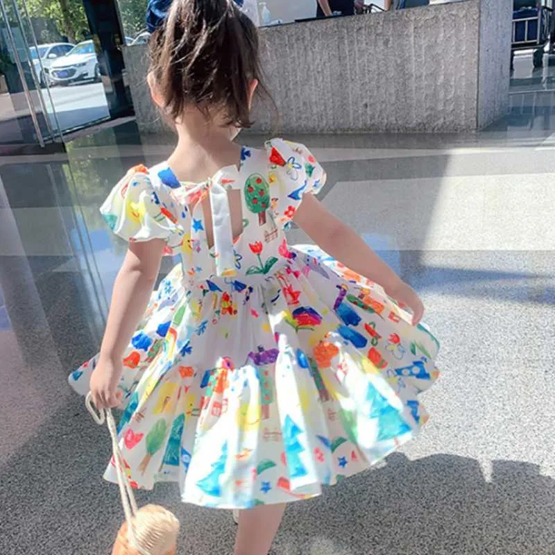 Summer Sundresses Korean Style Puff Sleeve Chiffon Dress Halter Cartoon Graffiti Dress for Teenager 12 Q0716