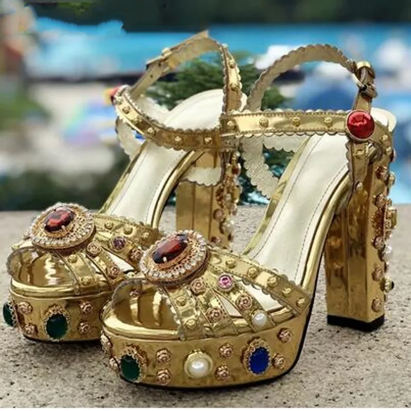 Gold Rhinestone Sandals for women High chunky heel Fashion Summer Gladiators Female Wedding Party Shoes