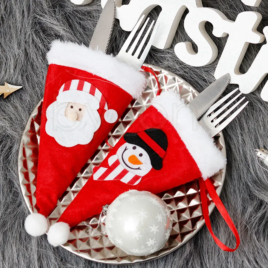 Kerstmis hoed bestek tas snoep gift tassen schattige zak vork mes snoep houder tafel diner decoratieve serveware rrb8888