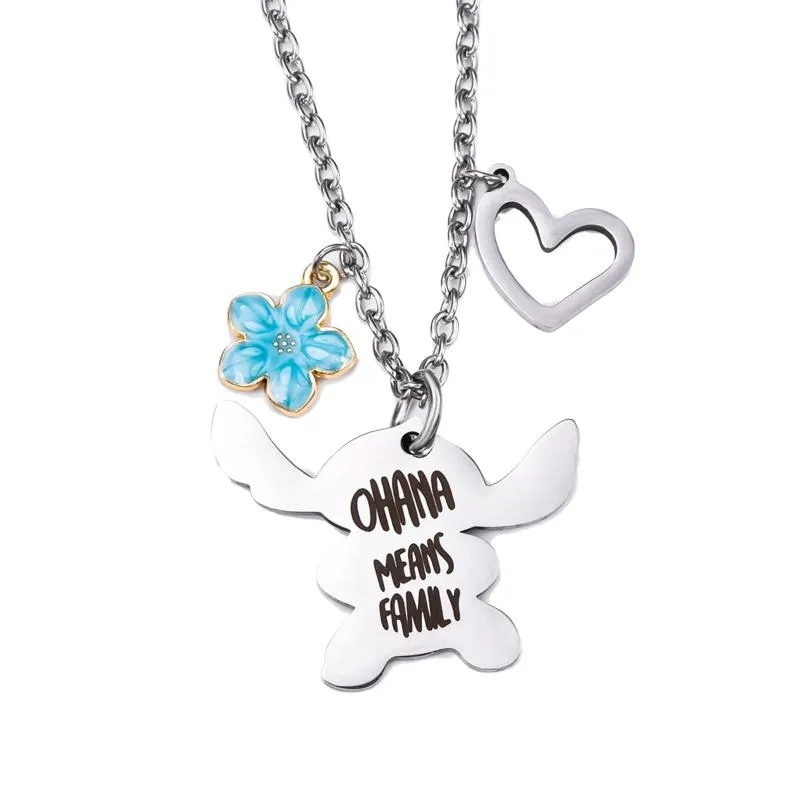 Pendentif Colliers Harong Anime Stitch Collier Ohana signifie Famille Dessin animé Bleu Cristal Coeur Bijoux Cadeaux pour garçons filles