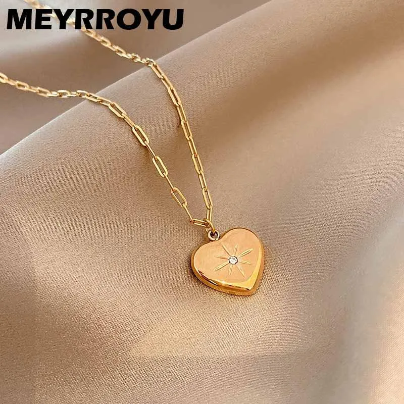 Colares de pendentes meyrroyu amor coração colar de aço inoxidável para mulheres vintage simples jóias de zircão Chain de clavícula dourada 2021 na moda