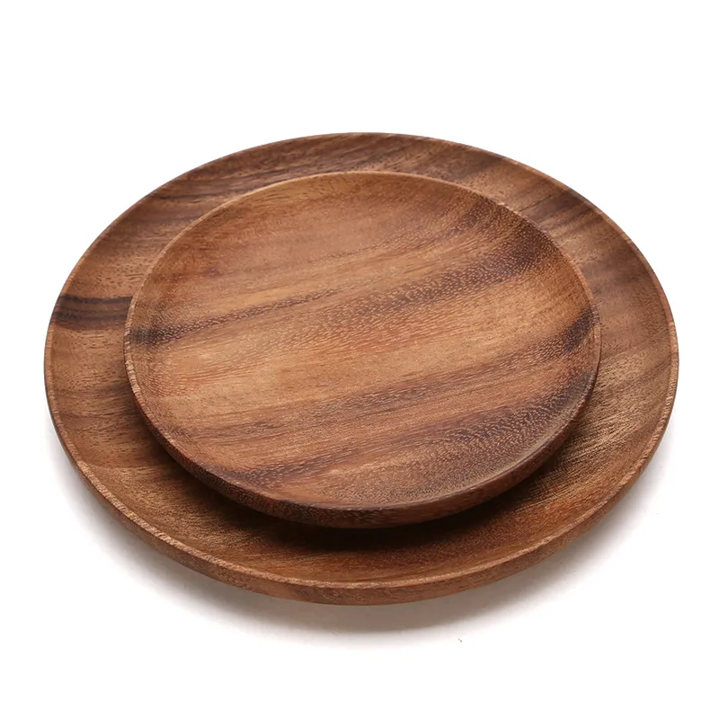 Round Wooden Plates High Quality Acacia Wood Serving Tray Cake Dishes Tableware Plate for Dessert Salad 2 Sizes Wood Utensils (2)